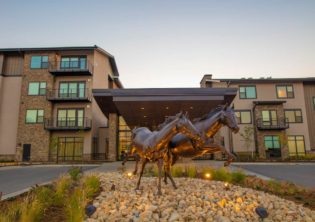 Windswept is a larger-than-life bronze horse sculpture featuring two wild, running horses. They sit at the entrance of The Ridge Pinehurst in Denver, Colorado.